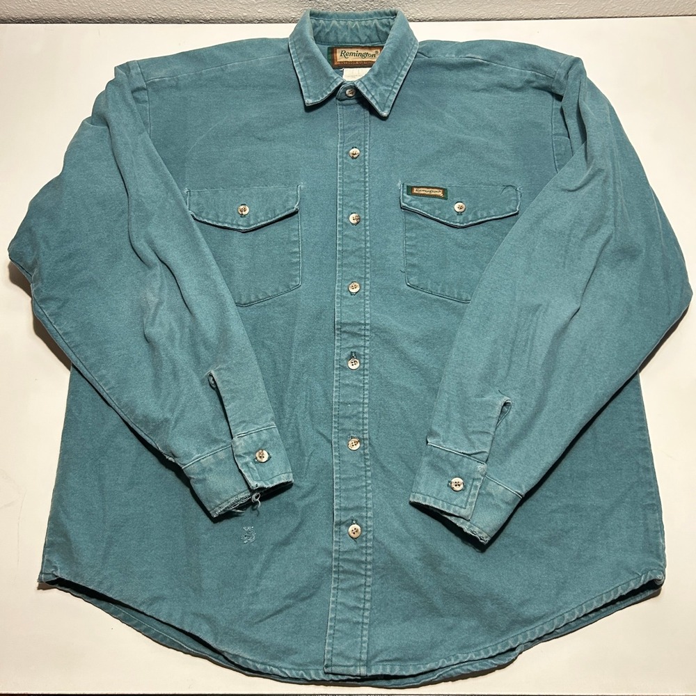 Vintage Remington Mens L Canvas Button Down Shirt Teal Workwear Made in USA